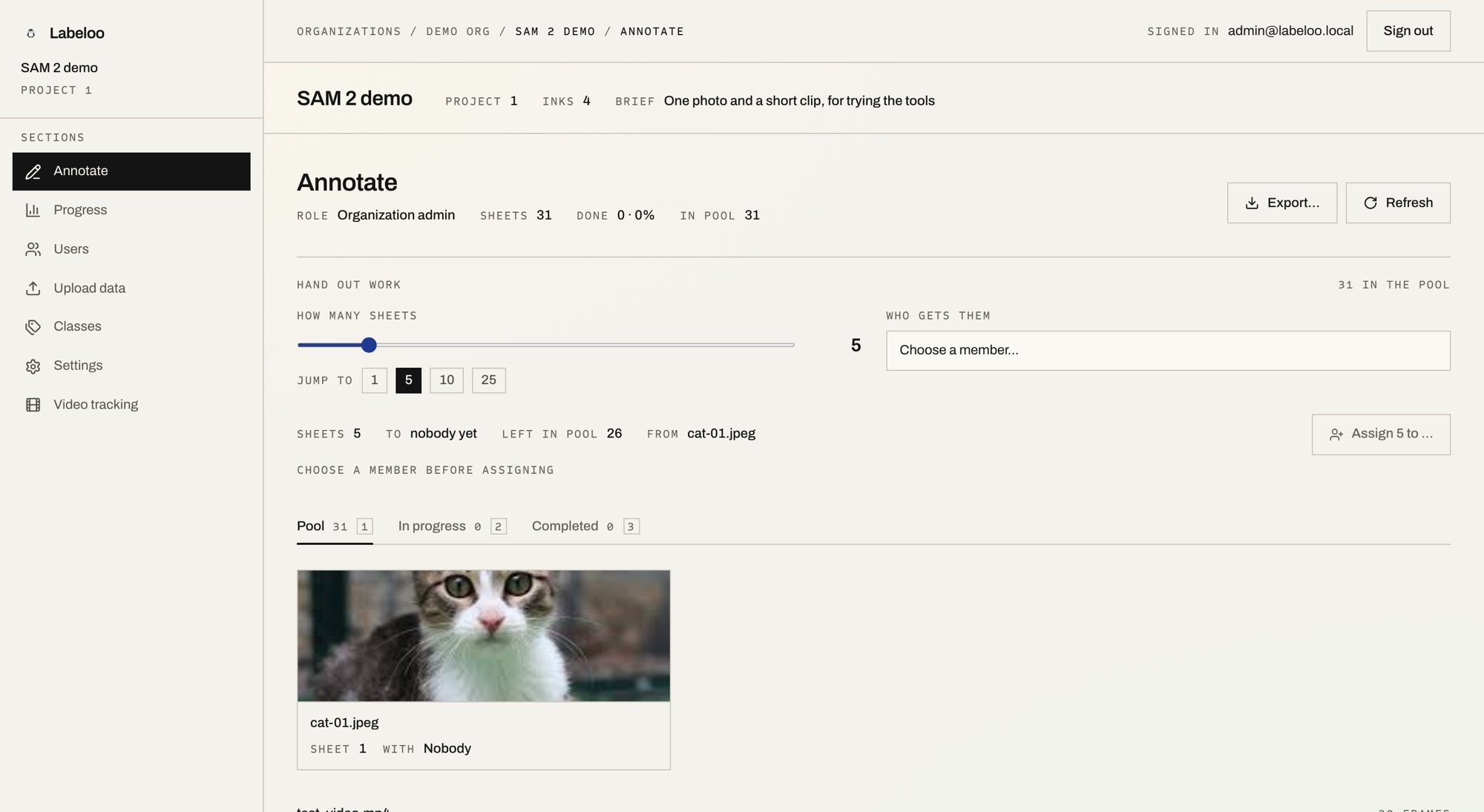 The Annotate section of a project, showing the task pool and the controls that hand work out