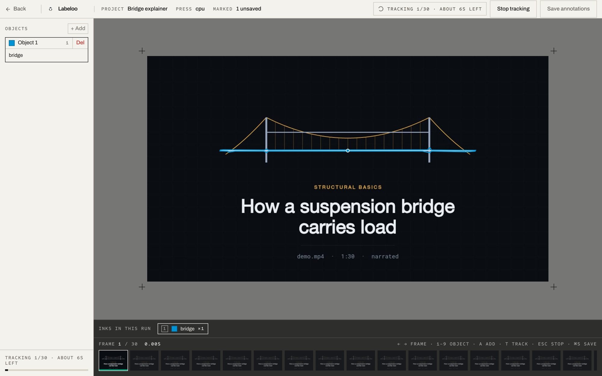 The video tracking screen mid-run, a bridge masked and the progress reading one of thirty frames
